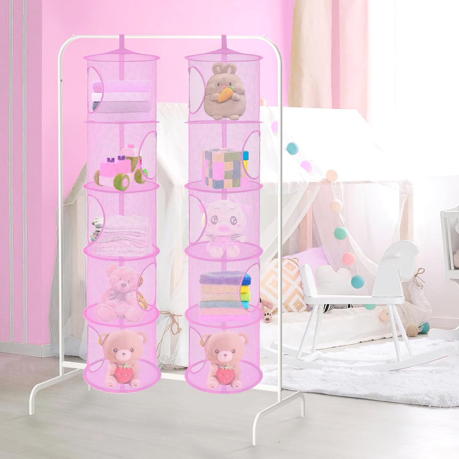 ZYETGH 5 Tier Hanging Mesh Storage Basket, 2 PCS Hanging Teddy Storage Net Foldable Soft Toy Storage Hanging Mesh Basket for Cuddly Toys Clothes