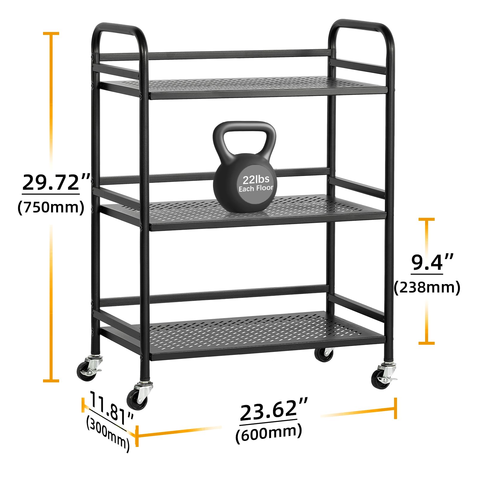 HDANI Serving Trolley,3-Tier Metal Trolley,Black,60x30x75cm Mesh
