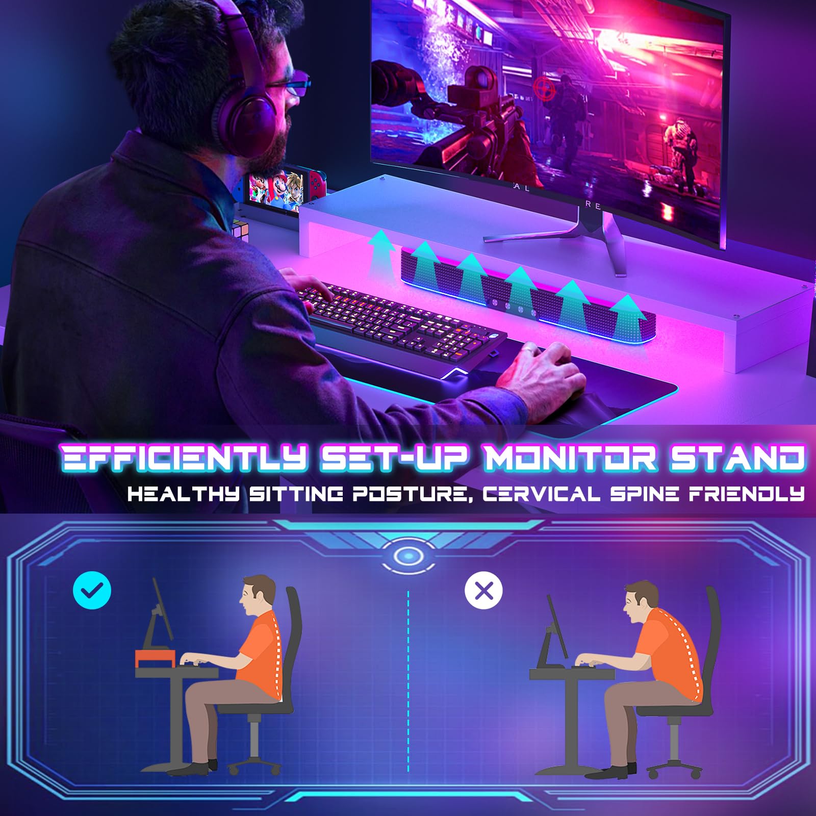 iSunirm Gaming Desk with LED Lights & Power Outlet, Reversible Computer Desk with Moveable Monitor Stand