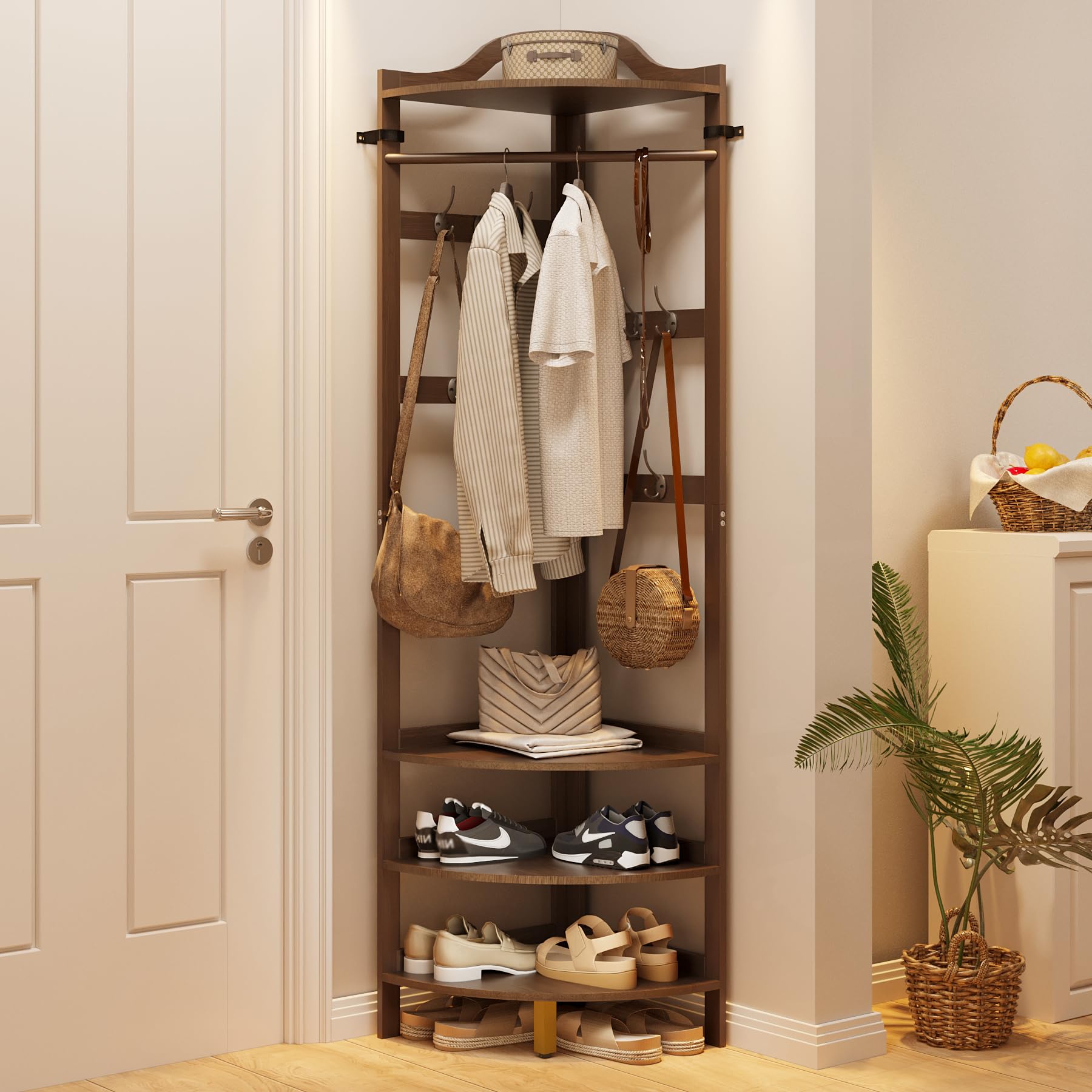 AMBIRD Bamboo Corner Coat Rack with Bench, 4-Tier Shoe Storage with 10 Hooks & Clothes Rod, Freestanding Hall Tree Unit for Entryway, Hall, Bedroom