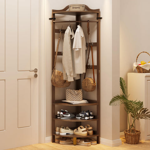 AMBIRD Bamboo Corner Coat Rack with Bench, 4-Tier Shoe Storage with 10 Hooks & Clothes Rod, Freestanding Hall Tree Unit for Entryway, Hall, Bedroom