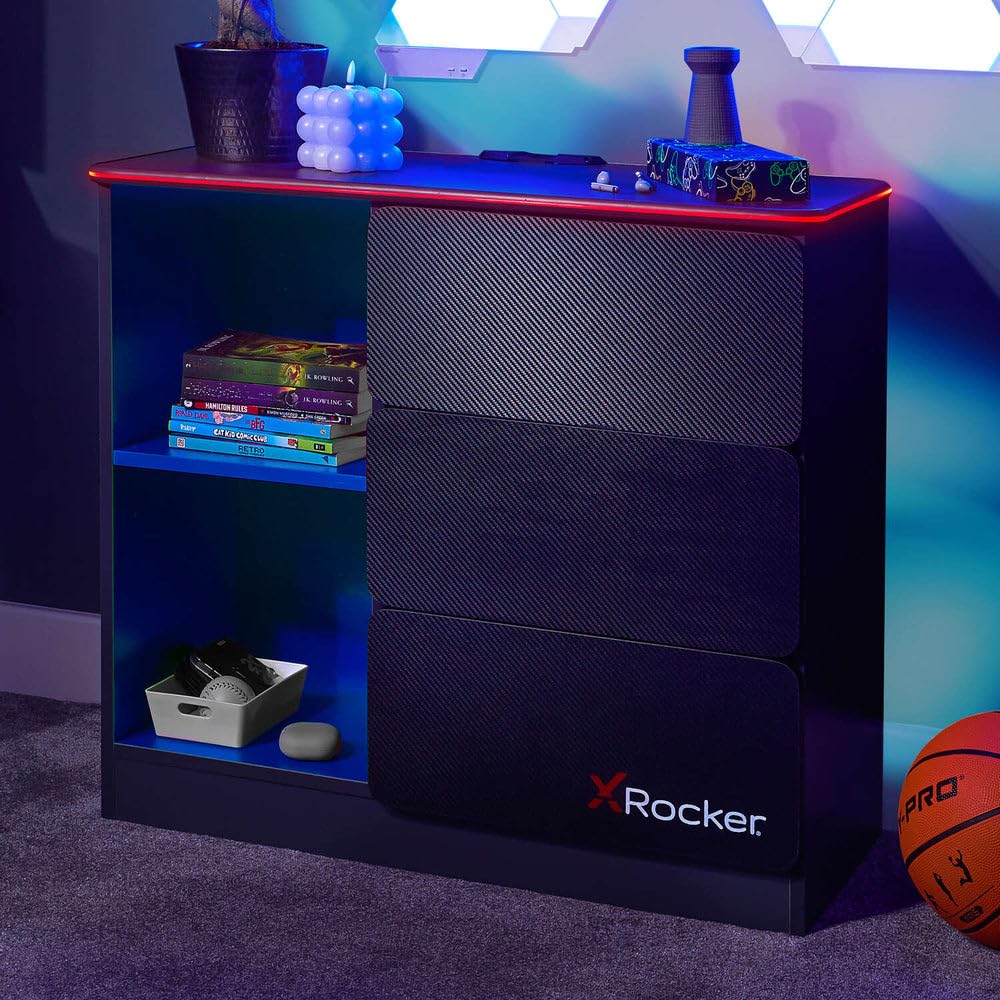 X Rocker Carbon-Tek 70cm Width, RGB LED Chest of Drawers - Neo Fibre Lighting, 3 Drawer, 2 Open Shelves, Durable Wooden Frame for Kids & Teens