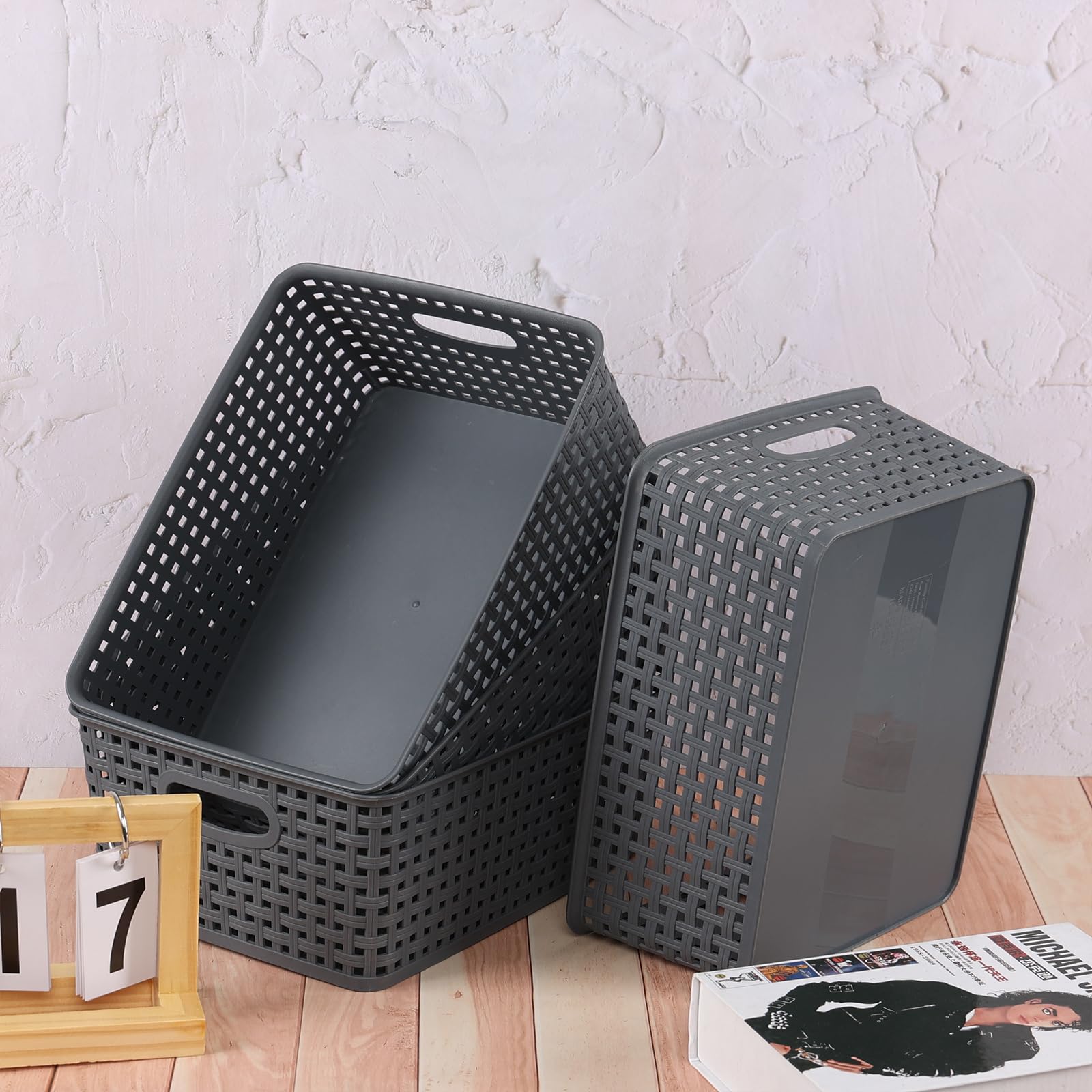 Doryh Plastic Woven Storage Basket, Grey Cupboard Storage Baskets, 4-Pack