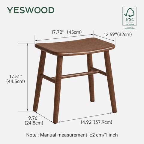 100% Oak Solid Wood Dressing Stool with Curved Seat, Walnut Vanity Stool