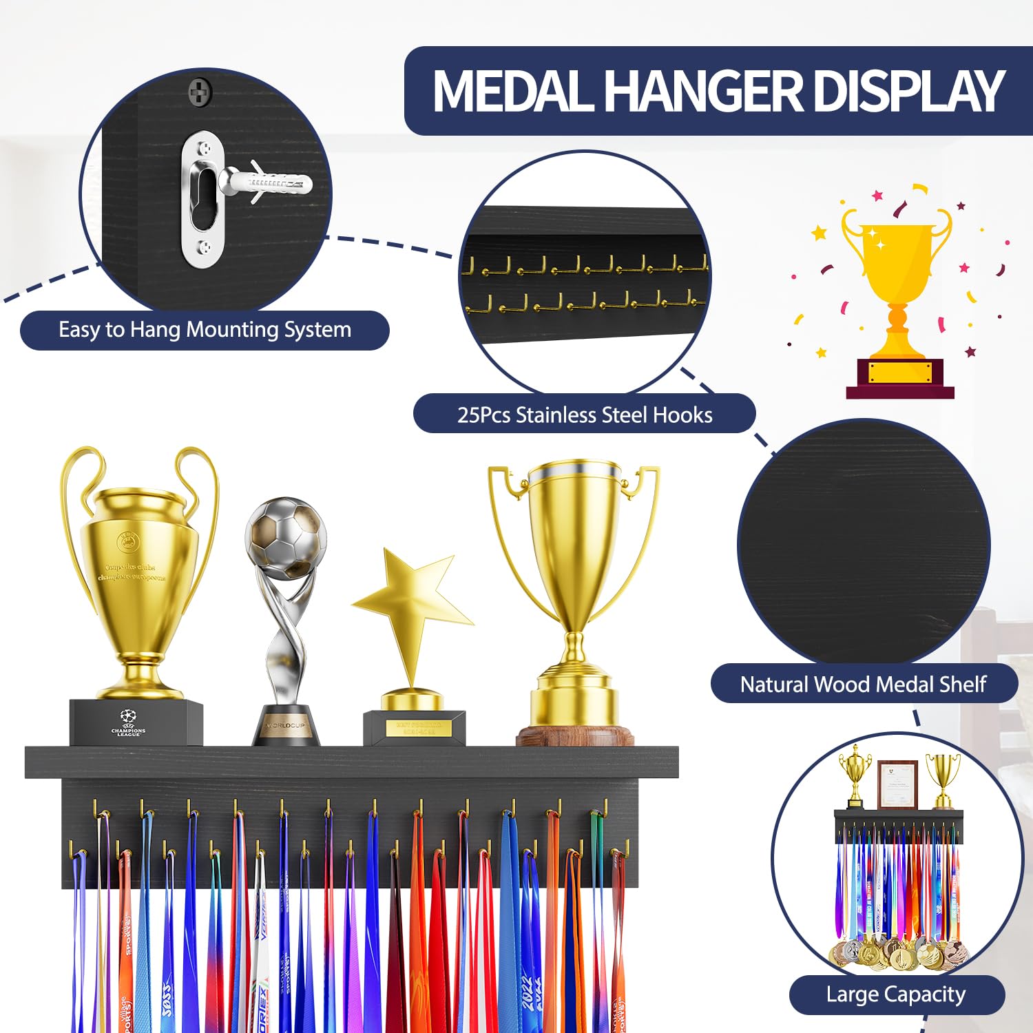 DSVENROLY Medal Holder Trophy Shelf Organizer, 25 Golden Hooks, Retro Grey