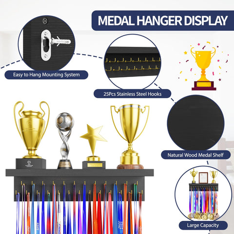 DSVENROLY Medal Holder Trophy Shelf Organizer, 25 Golden Hooks, Retro Grey