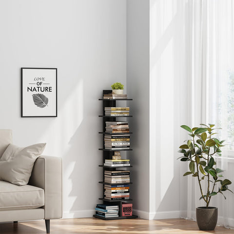 TUTOTAK Vertical Bookshelf, 8-Tier Bookcase, Narrow Spine Book Shelf for Small Space, Corner Standing Shelf for Living Room, Office, Study, Entryway