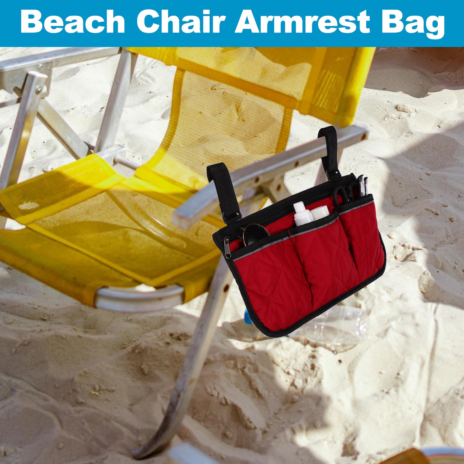 YELARXI Beach Chair Armrest Bag, Beach Side Bag Hanging Storage Organizer with Reflective 4 Pockets Waterproof Pouch 13 x 7" & 2Pcs & Purple