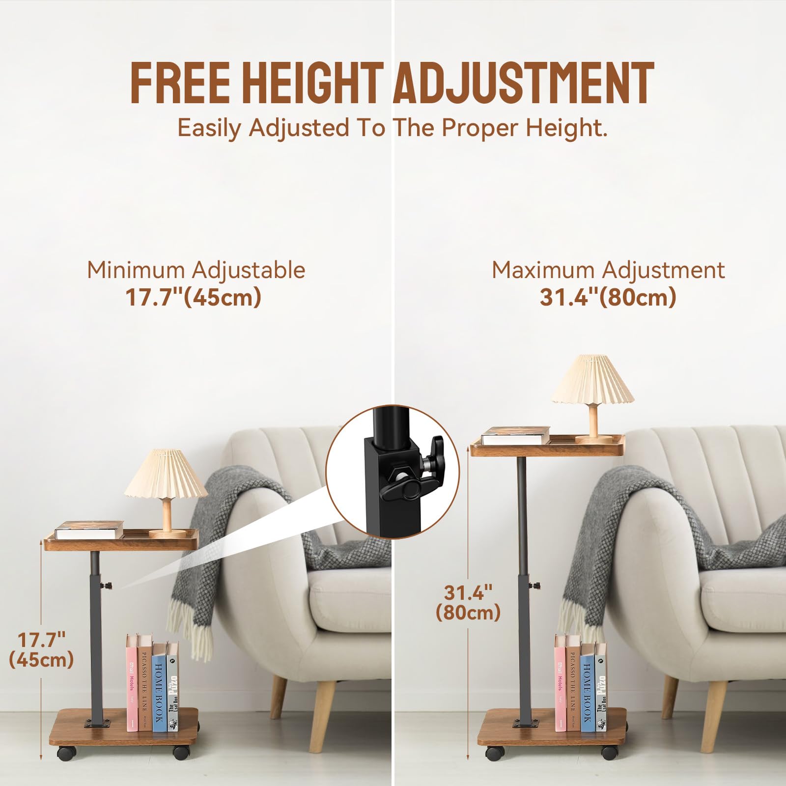 YYW Adjustable C Shaped Side Table with Wheels, 360° Swivel Sofa Table