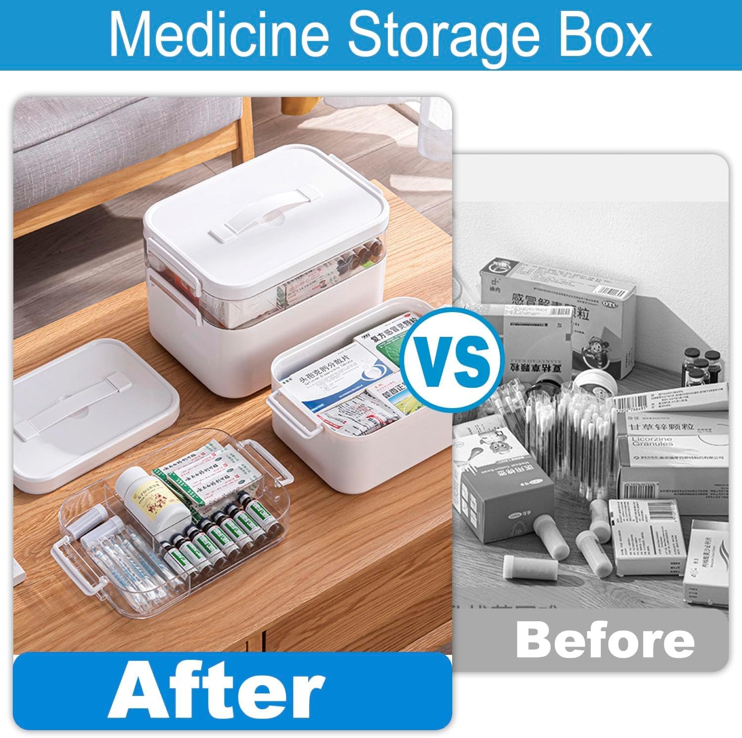Medicine Storage Box, Double Layers Multi Grid Organiser With Lid, Portable First Aid Cabinet for Home, School, Office (L)