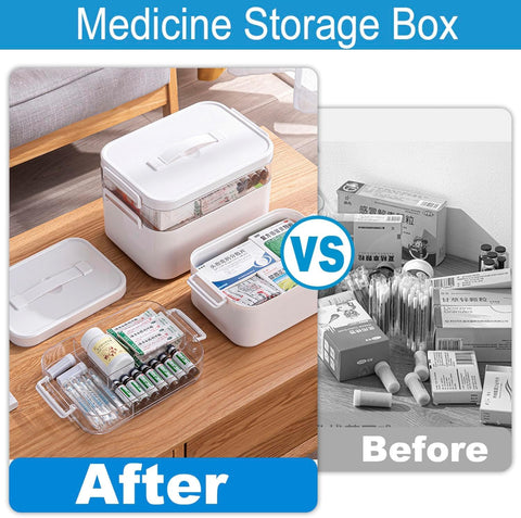 Medicine Storage Box, Double Layers Multi Grid Organiser With Lid, Portable First Aid Cabinet for Home, School, Office (L)