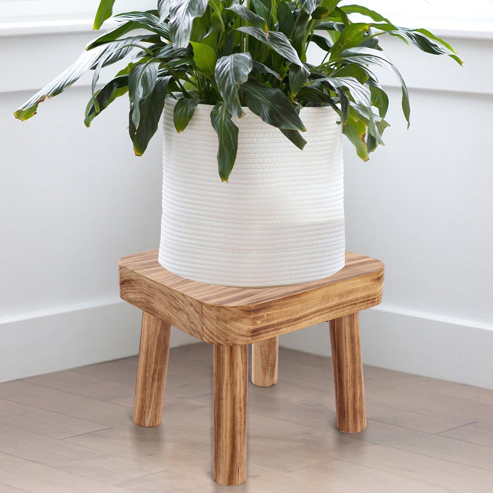 LOLYSIC Small Wooden Stool, Pine Wood Plant Stand 24 x 22 x 20 cm, Mini Square Stool with Removable Legs, Low Wooden Step Stool