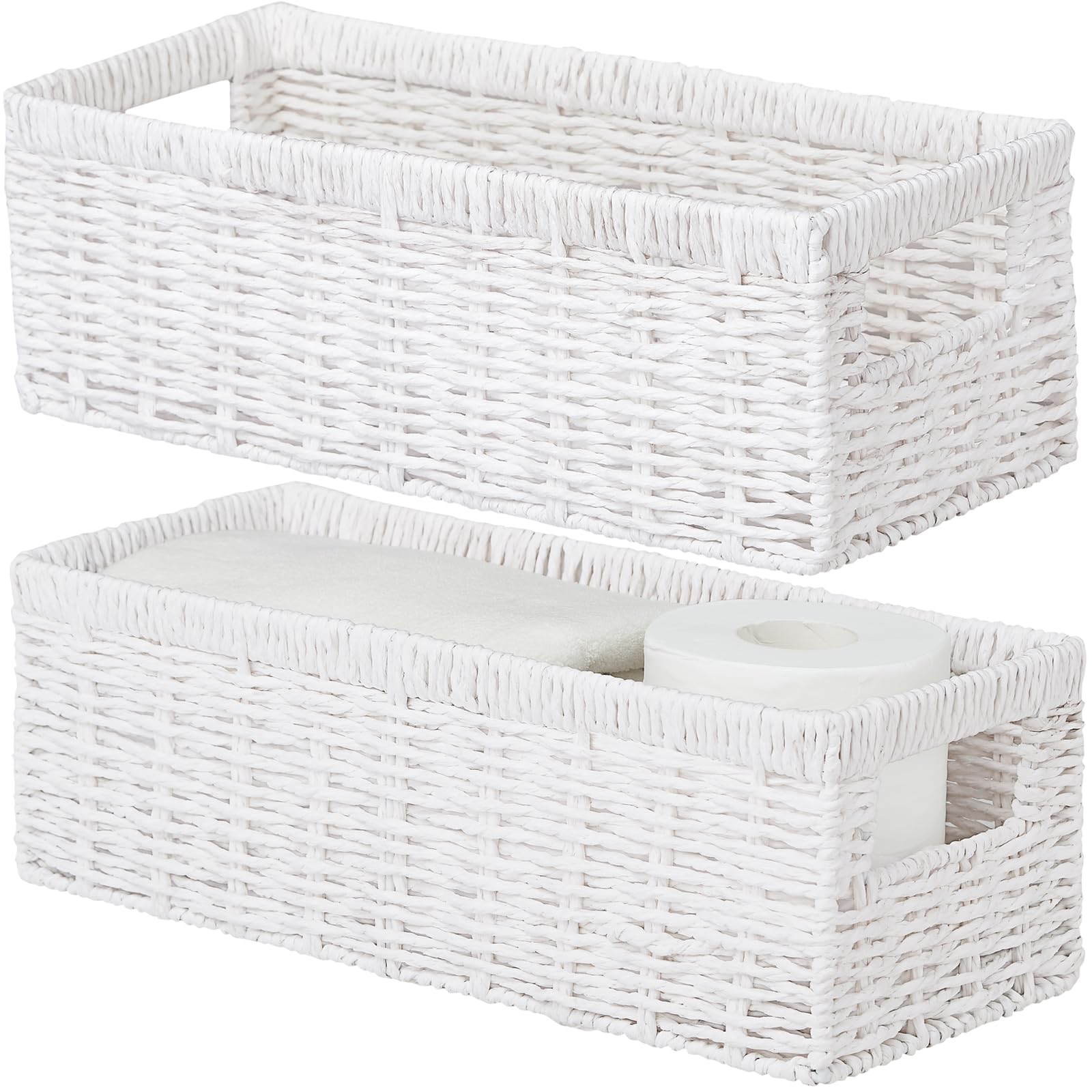 Vagusicc Wicker Storage Baskets with Handle, Handwoven Set of 2 Storage Baskets for Shelves, Wicker Organizer Basket, Toilet Paper Basket