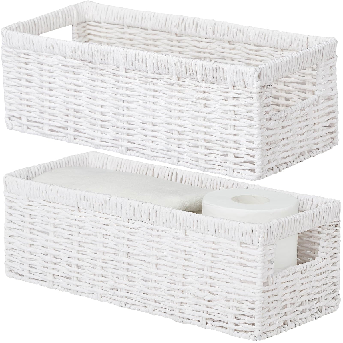 Vagusicc Wicker Storage Baskets with Handle, Handwoven Set of 2 Storage Baskets for Shelves, Wicker Organizer Basket, Toilet Paper Basket