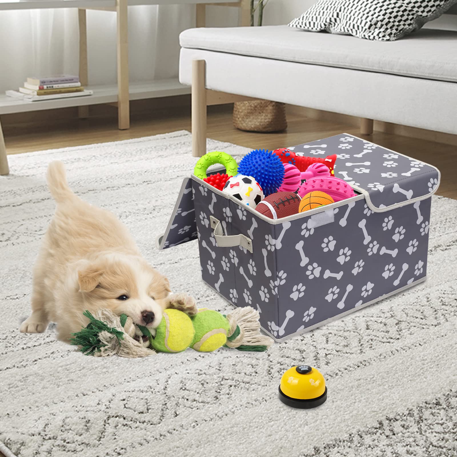 Pet Toy Storage Box with Lid Basket Organizer - Perfect Collapsible Bin for Living room, Playroom, Closet, Home Organization - Bone Paw