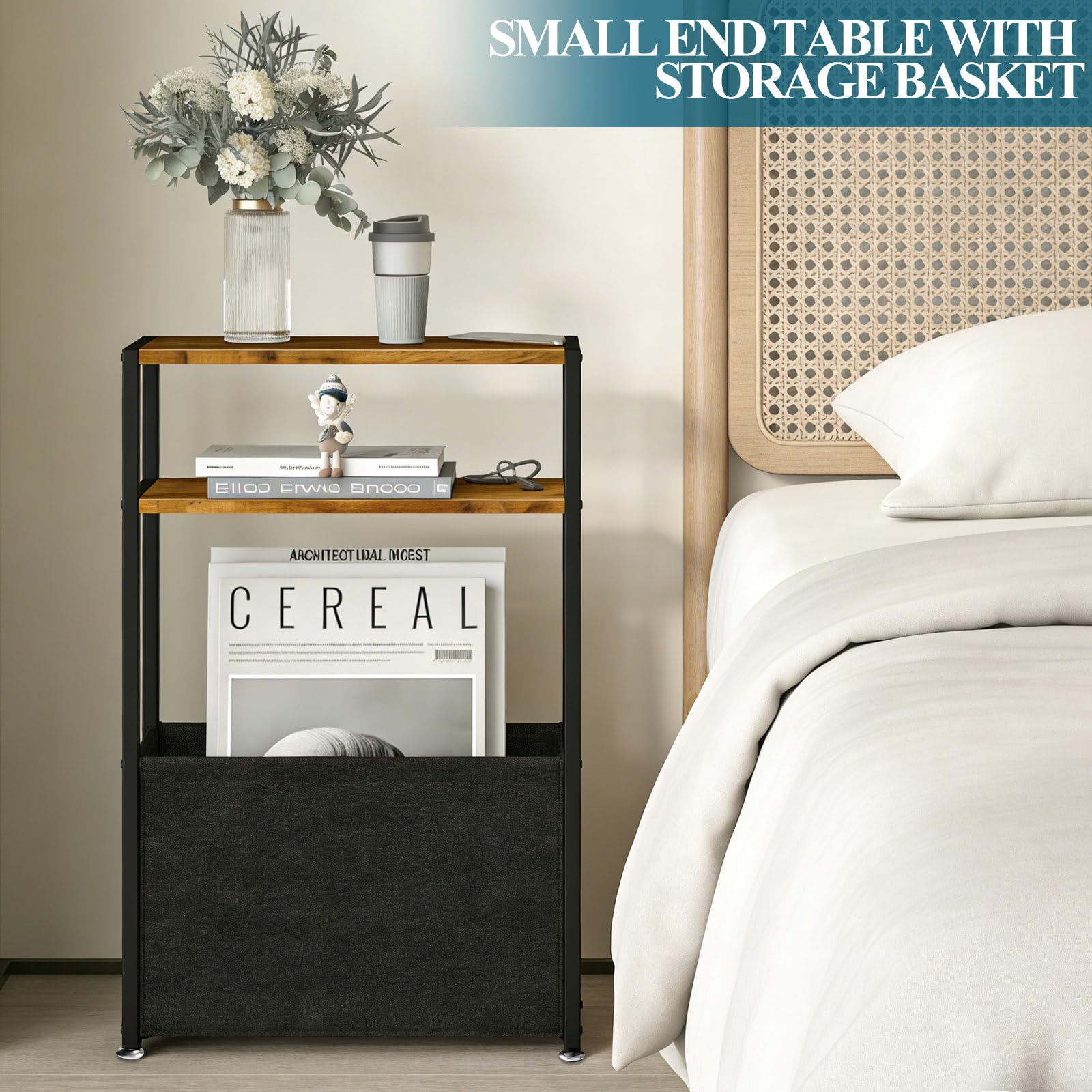 XunHe Narrow Side Table - Slim Side Table with Storage Basket, Small End Table for Small Spaces with Fabric Basket Slim Bedside Tables for Bedroom