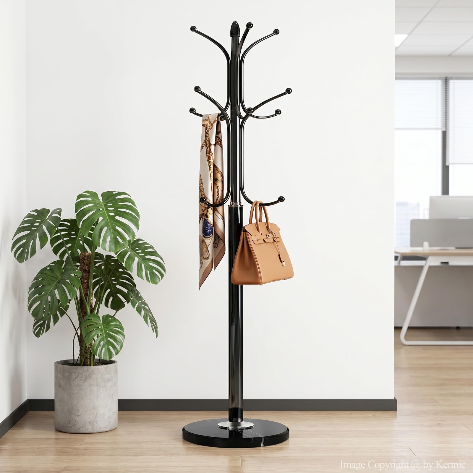 Kertnic Metal Coat Rack Stand with Natural Marble Base, Free Standing Hall Tree with 12 Hooks for Hanging Scarf, Bag, Jacket