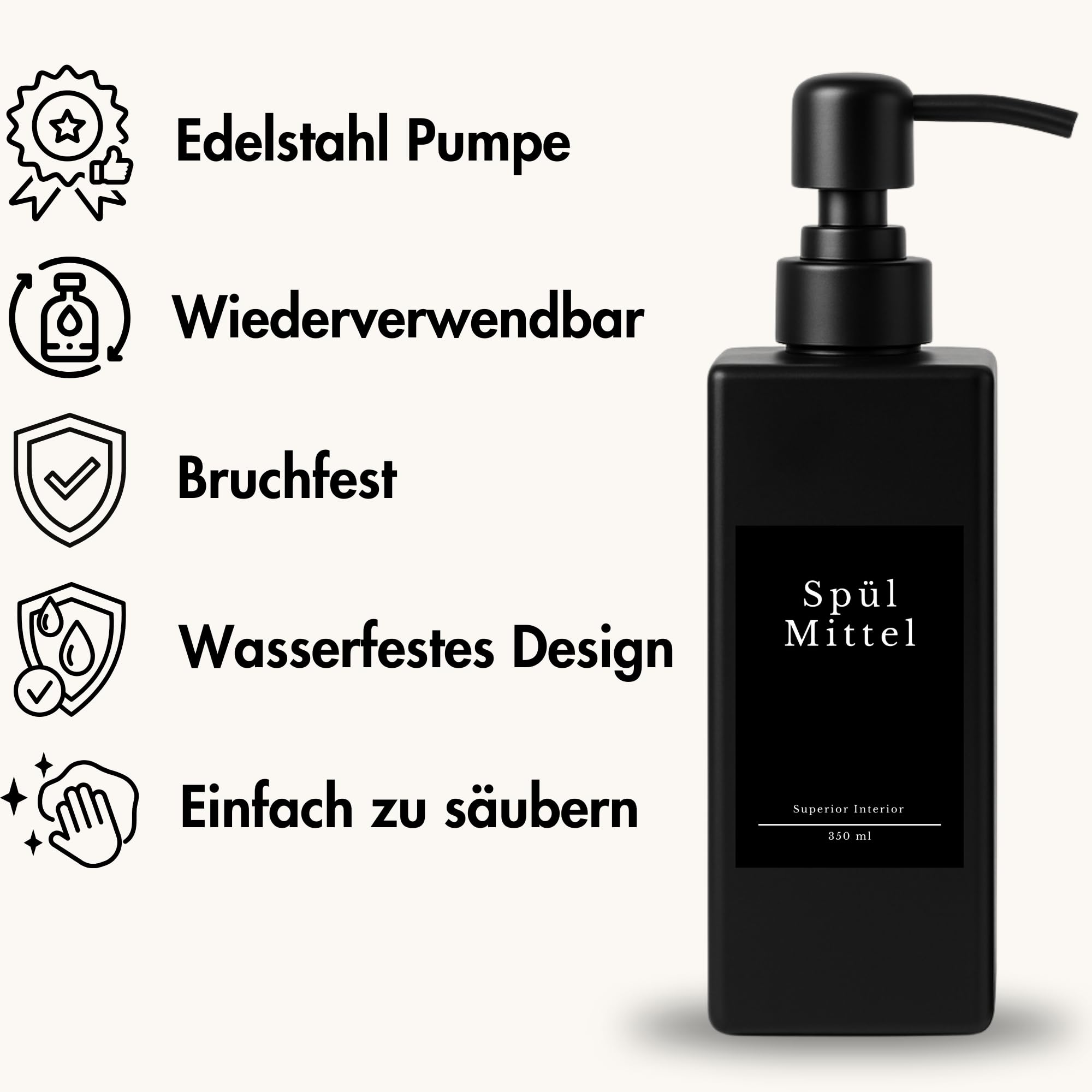 Soap Dispenser Glass Black Matt Pack of 2, 350 ml with Stainless Steel Pump - Detergent Dispenser for Kitchen