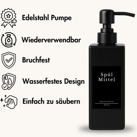 Soap Dispenser Glass Black Matt Pack of 2, 350 ml with Stainless Steel Pump - Detergent Dispenser for Kitchen