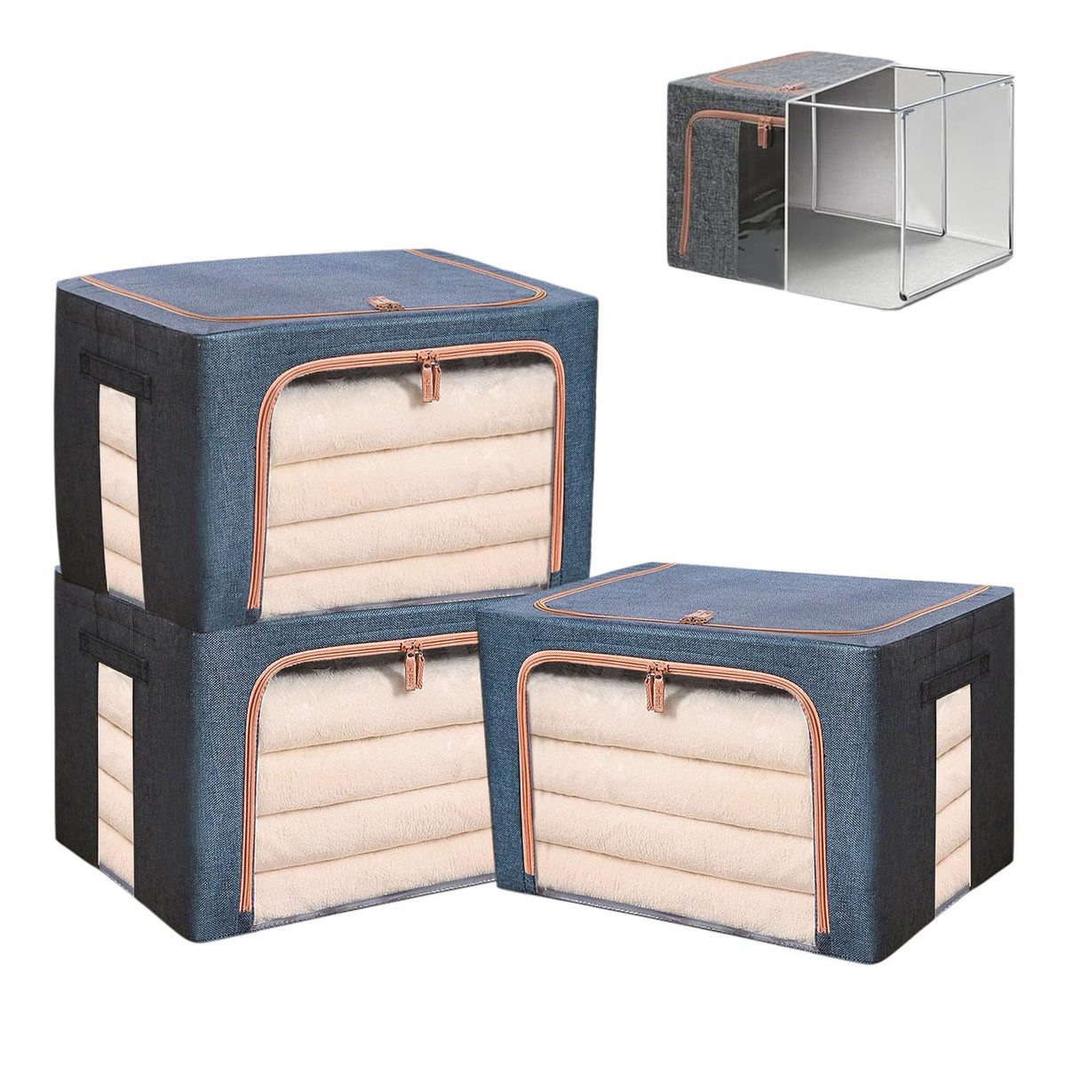 24L Clothes Storage Boxes,Stackable Cube Wardrobe Storage Organiser,Collapsible Storage With Metal Frame,Storage Bags With Zips Clear Window & Carry