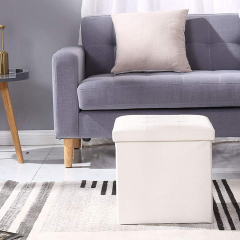 BRIAN & DANY Folding Ottoman Storage Box with Lid, Faux Leather Footstool Toy Storage Box Storage Seat 38 x 38 x 38 cm (White)