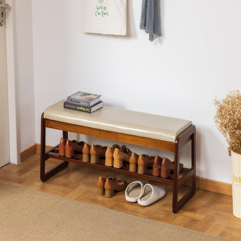 SOBIBO Solid Wood Shoe Bench, 2-Tier Entryway Bench with Cushion and Flip-Open Storage Box, Mid-Century Modern Shoe Bench Rack for Hallway