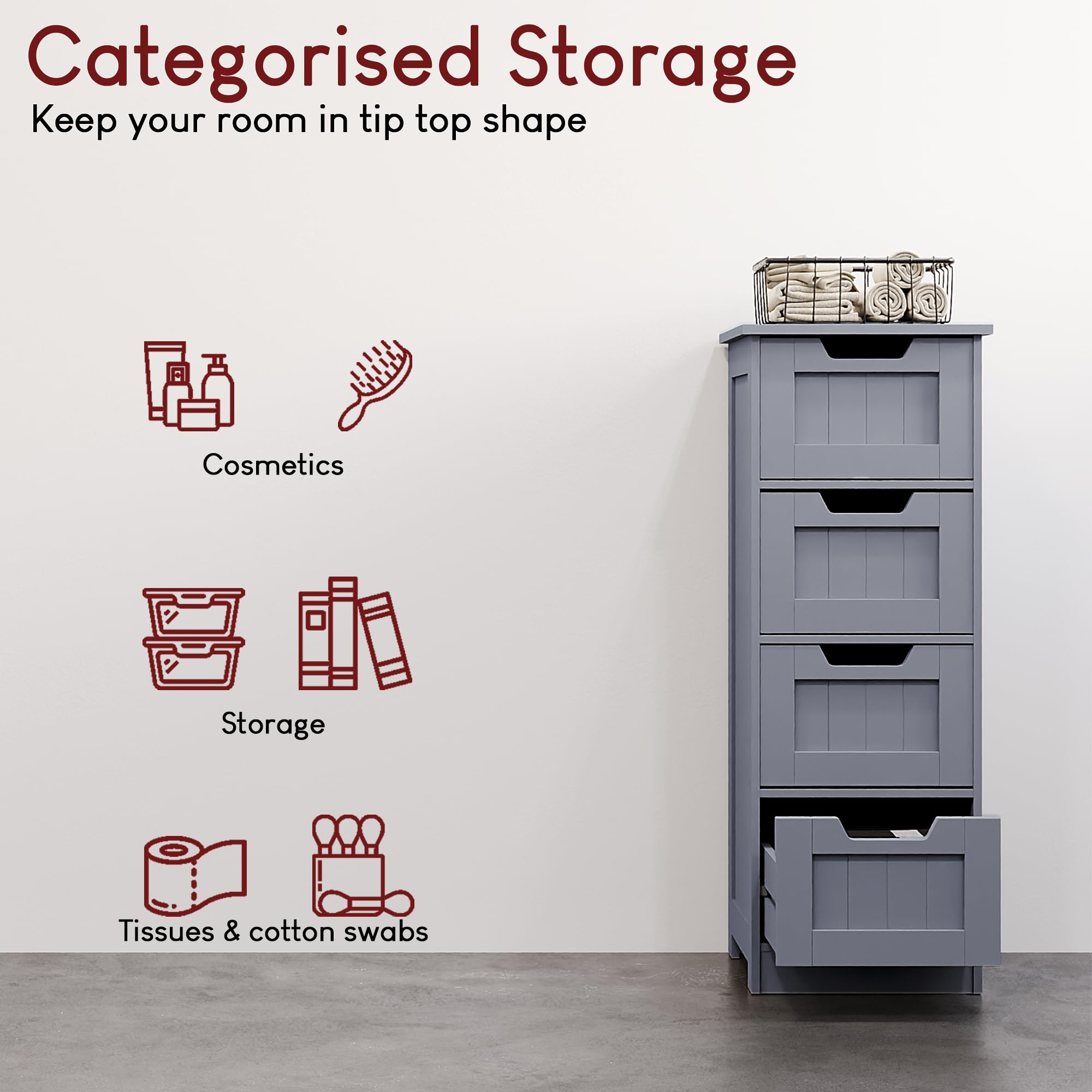 Bath Vida Priano Freestanding 4 Drawer Bathroom Storage Cabinet Unit, Grey