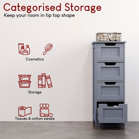 Bath Vida Priano Freestanding 4 Drawer Bathroom Storage Cabinet Unit, Grey