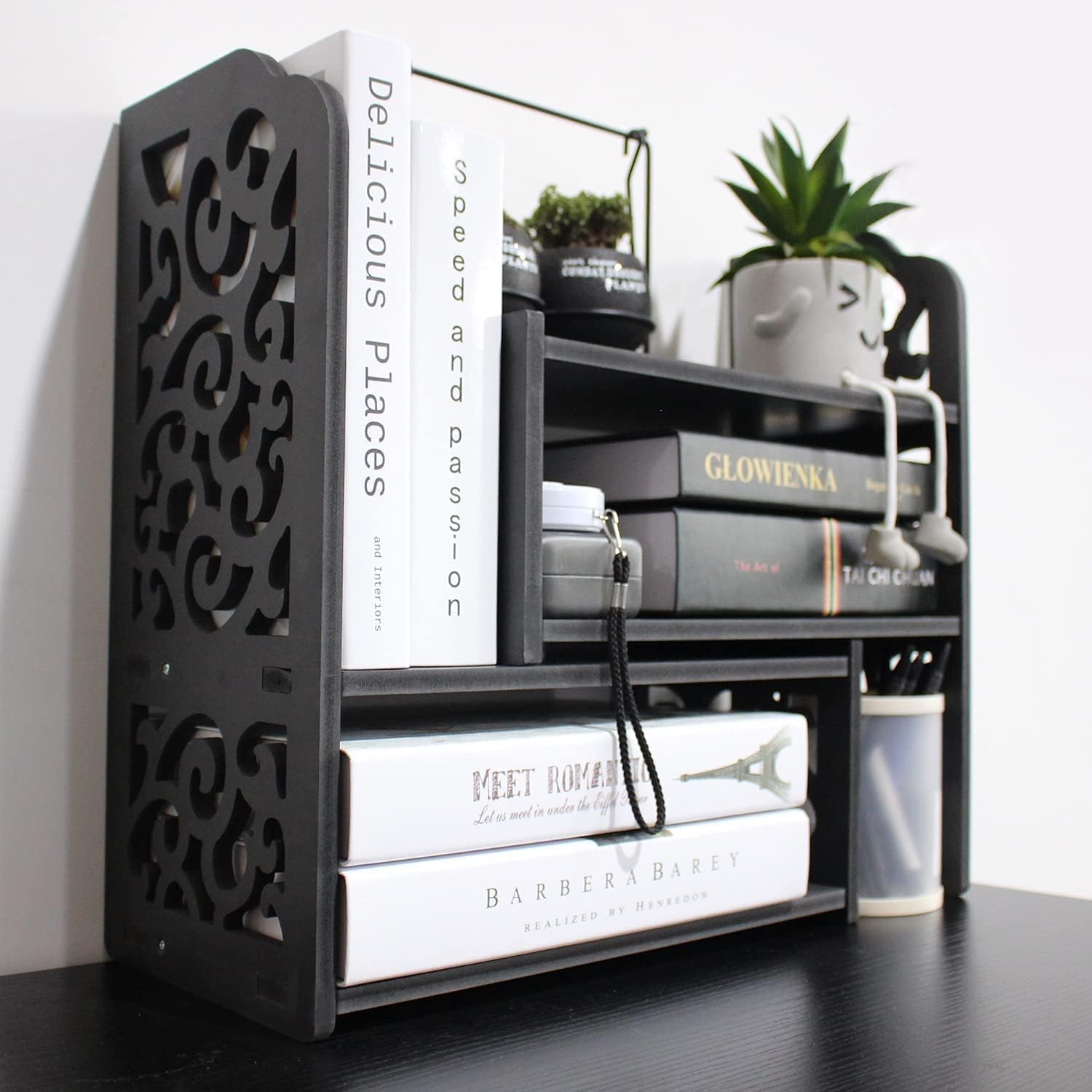 DoToGo Desk Shelf Organizer, Deskop Bookshelf for Small Space Adjustable Expendable for Office, Home, Kitchen (Black cloud)