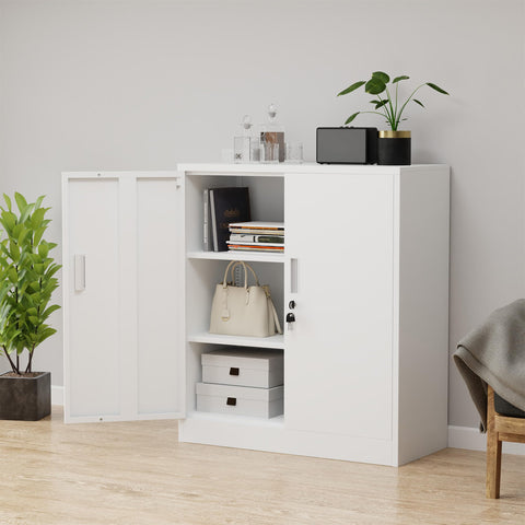 iJINGUR Metal Storage Cupboard with Locking Doors and 2 Adjustable Shelves, Small Lockable Storage Cabinet for Home Office Garage (White)