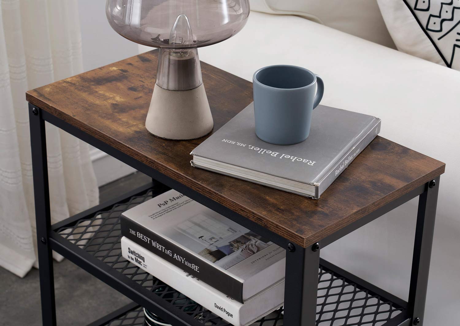ALPIKA 3-Tier Retro Side Table, Console Table with Storage Rack, Narrow Nightstand for Small Spaces, Mesh Shelf for Living Room, Bedroom, Entryway