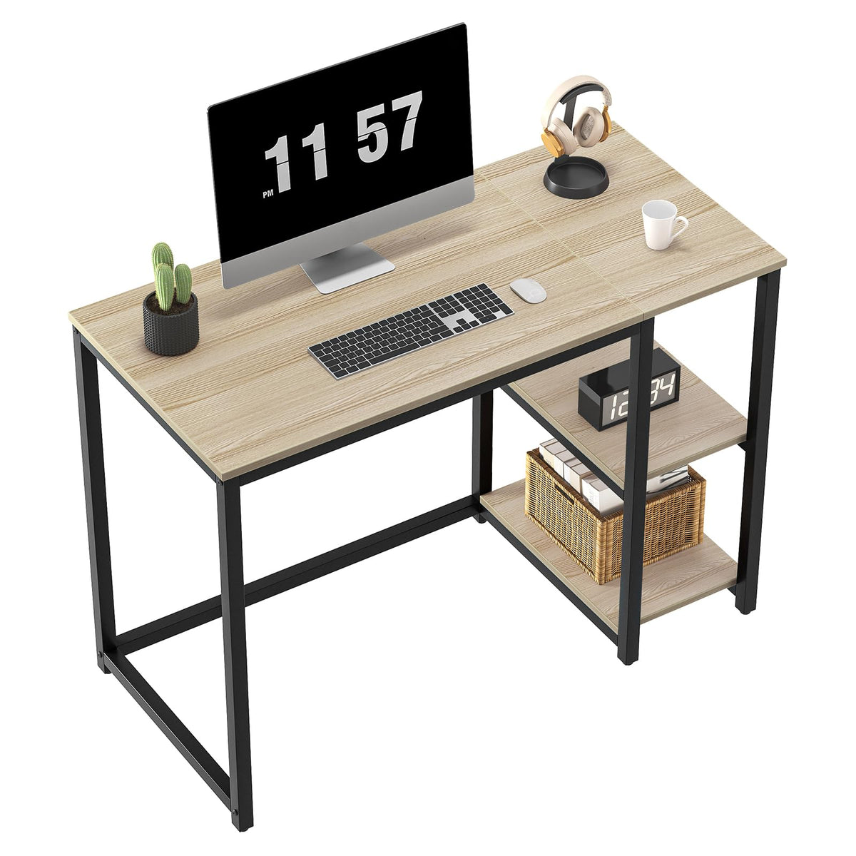 WOHOMO Computer Desk 100cm with 2-Tier Shelves Sturdy Home Office Desk with Large Storage Space Modern Gaming Desk Study Writing Laptop Table for