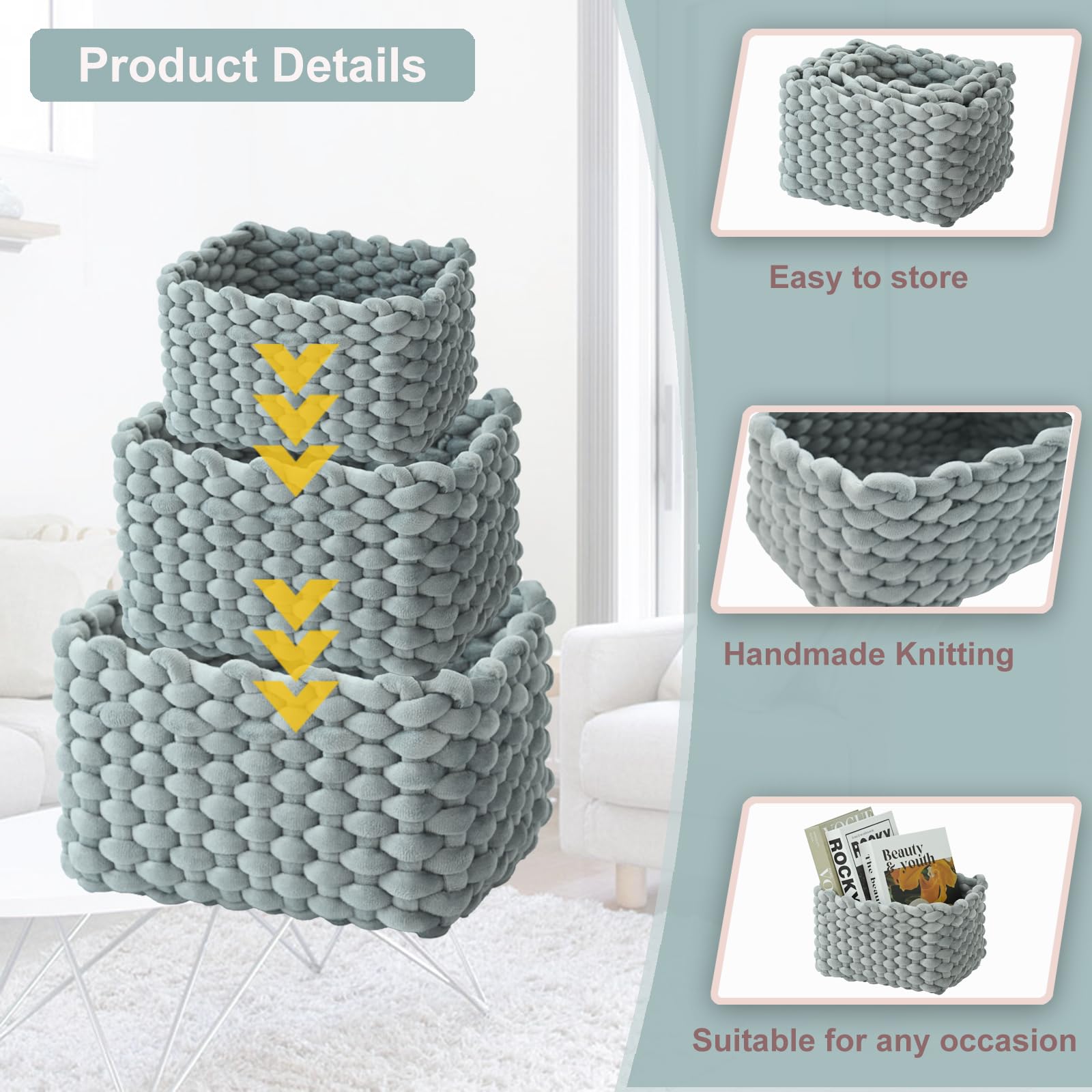hand-knitted velvet rope storage basket set of 3 - soft cotton rope desktop cosmetics organizer box - nesting multi-functional storage basket