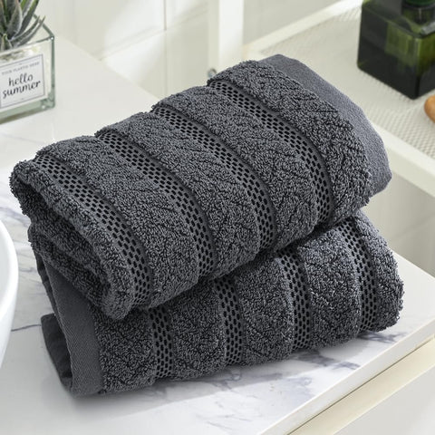 sense gnosis Grey Hand Towel Set of 2 Soft Ribbed Striped Jacquard Pattern 100% Cotton Absorbent Luxury Decorative Towel for Bathroom 13 x 29 Inch