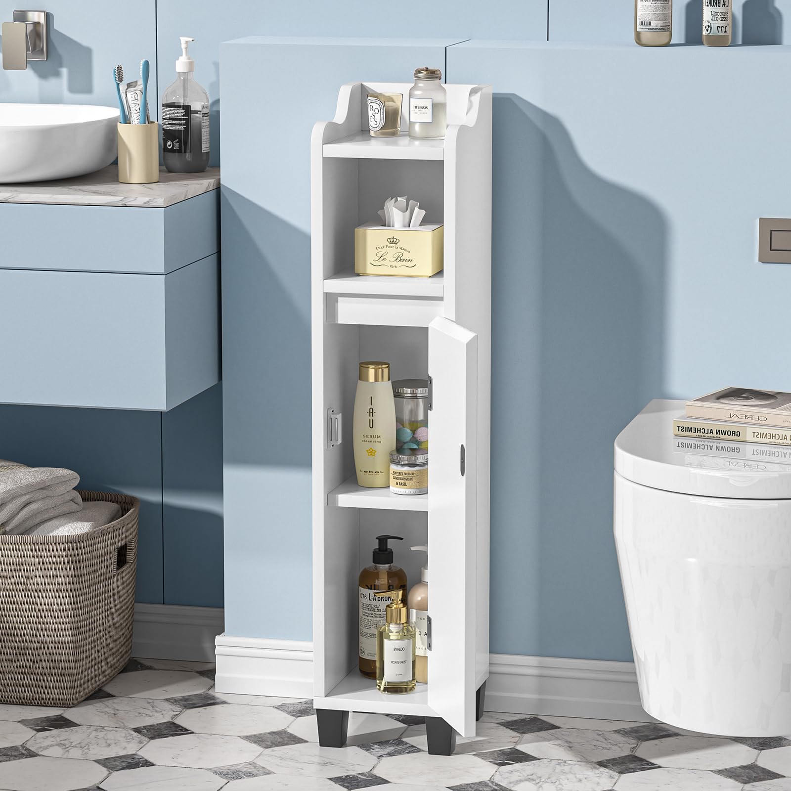 Yvsevnr Small Bathroom Storage Cabinet, Slim Bathroom Storage Unit, Narrow Bathroom Toilet Paper Storage Cabinet, Adjustable Shelves, Freestanding
