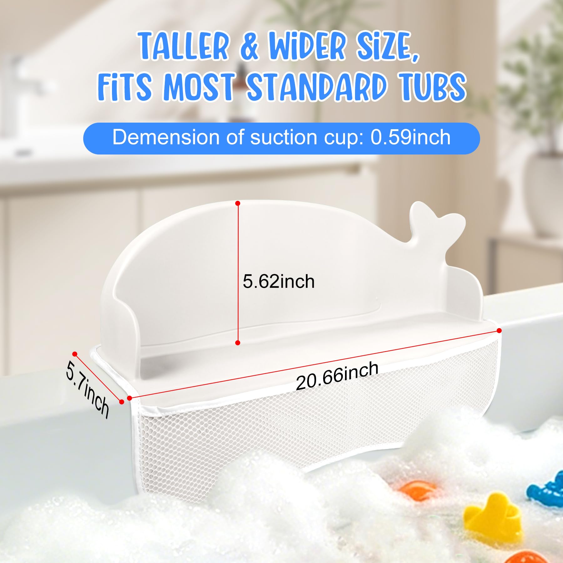 MCGMITT 2 Pack Whale Bathtub Splash Guard, Silicone Bath Splash Guards with 130 Strong Suction Cups, Bath Toy Storage Organizer with Mesh Pockets