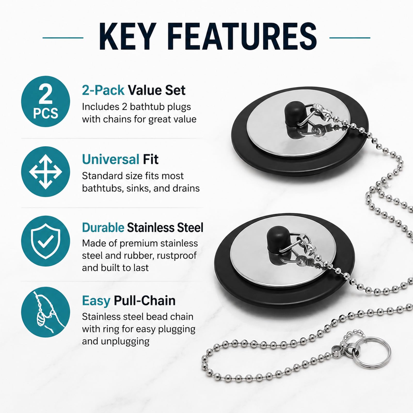2 Pcs Bath Plug with Stainless Steel Chain for Bathroom & Kitchen
