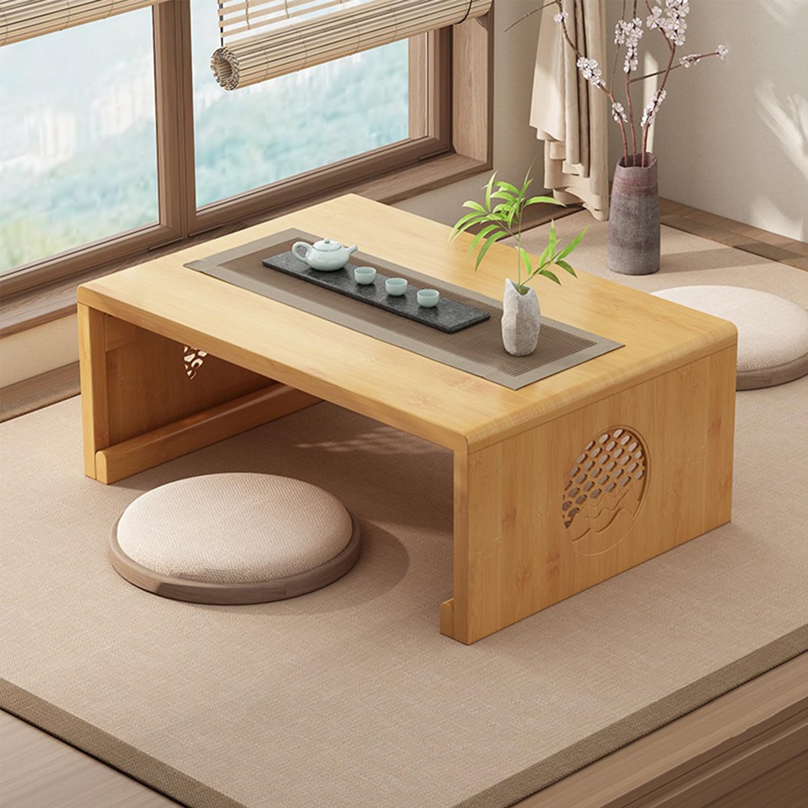 JIANCNGU Bamboo Chinese Tea Floor Table Japanese Foldable Coffee Table Altar Table For Meditation Low Portable Collapsable Tatami Table for Living
