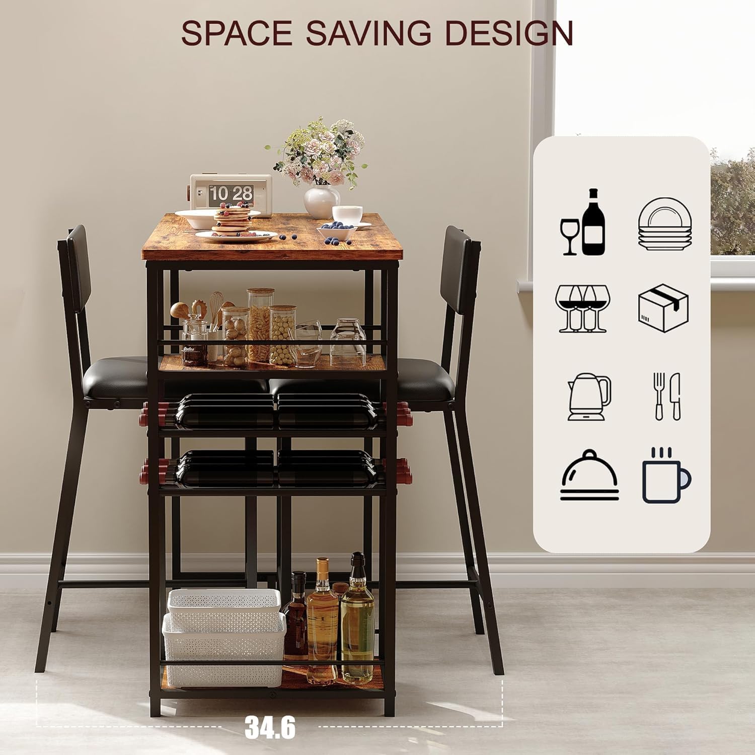 Techigher Bar Table Set, Dining Tables with 2 Upholstered Chairs, 3 Piece Counter Height Kitchen Table Set with 2-Tier Storage Shelves & 2 Wine Racks