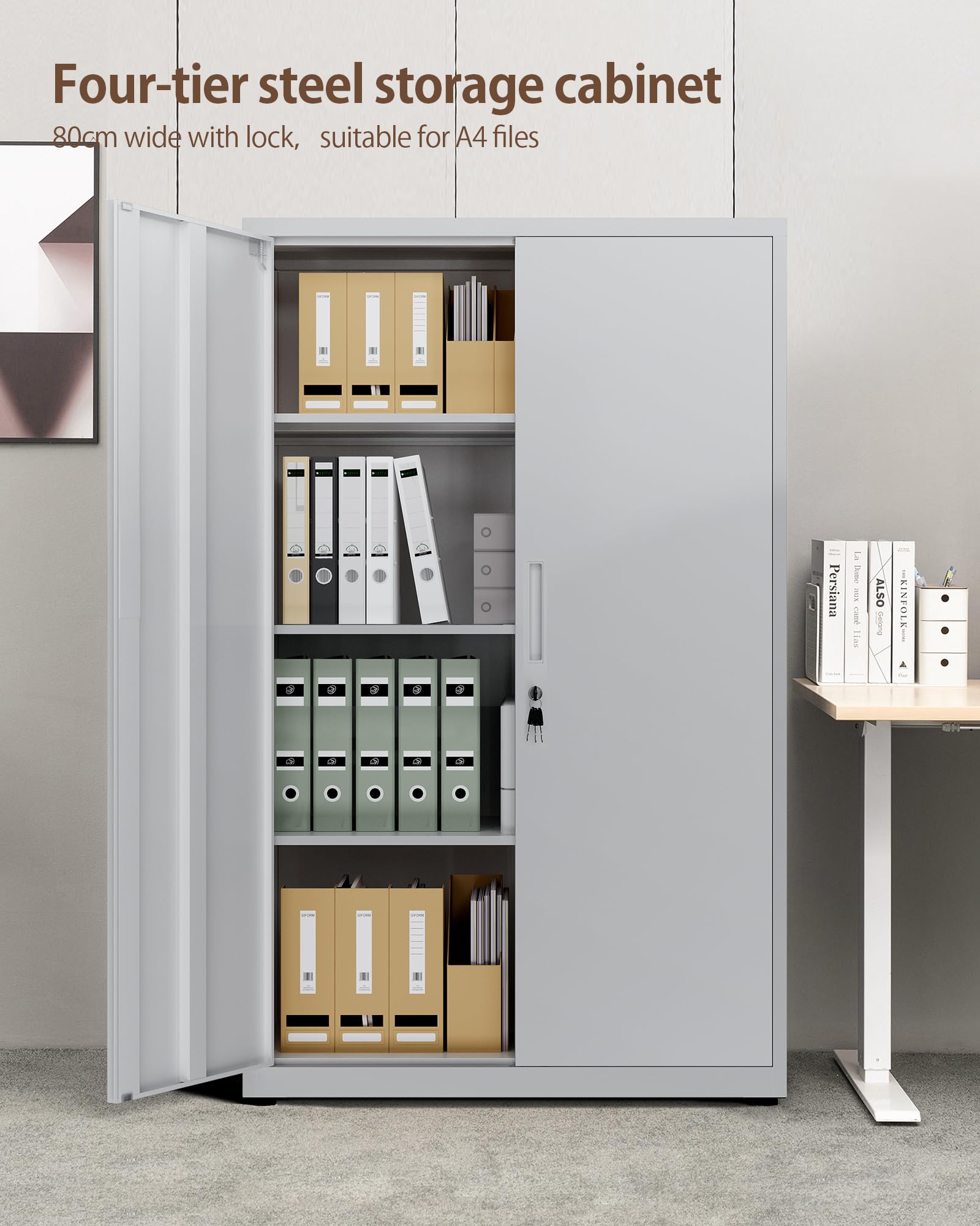LAND·VOI 4-Tier Lockable Tall Storage Cabinet, Adjustable Shelves Double Door Cupboard 40×80×131.5cm Light Gray