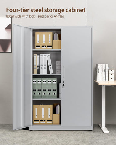 LAND·VOI 4-Tier Lockable Tall Storage Cabinet, Adjustable Shelves Double Door Cupboard 40×80×131.5cm Light Gray