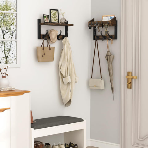 Xygobla Wall Mounted Coat Rack with Shelf and 11 Hooks, Carbon Steel and Solid Wood Organiser with Key and Mail Holder for Living Room, Bedroom