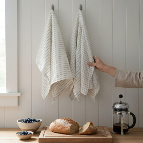 Eight Owls Stonewashed Linen Kitchen Dish Towels – 50 x 68 cm – 100% Pure Linen Tea Towel/Hand Towel - set of 2 (Olive Pinstripe)