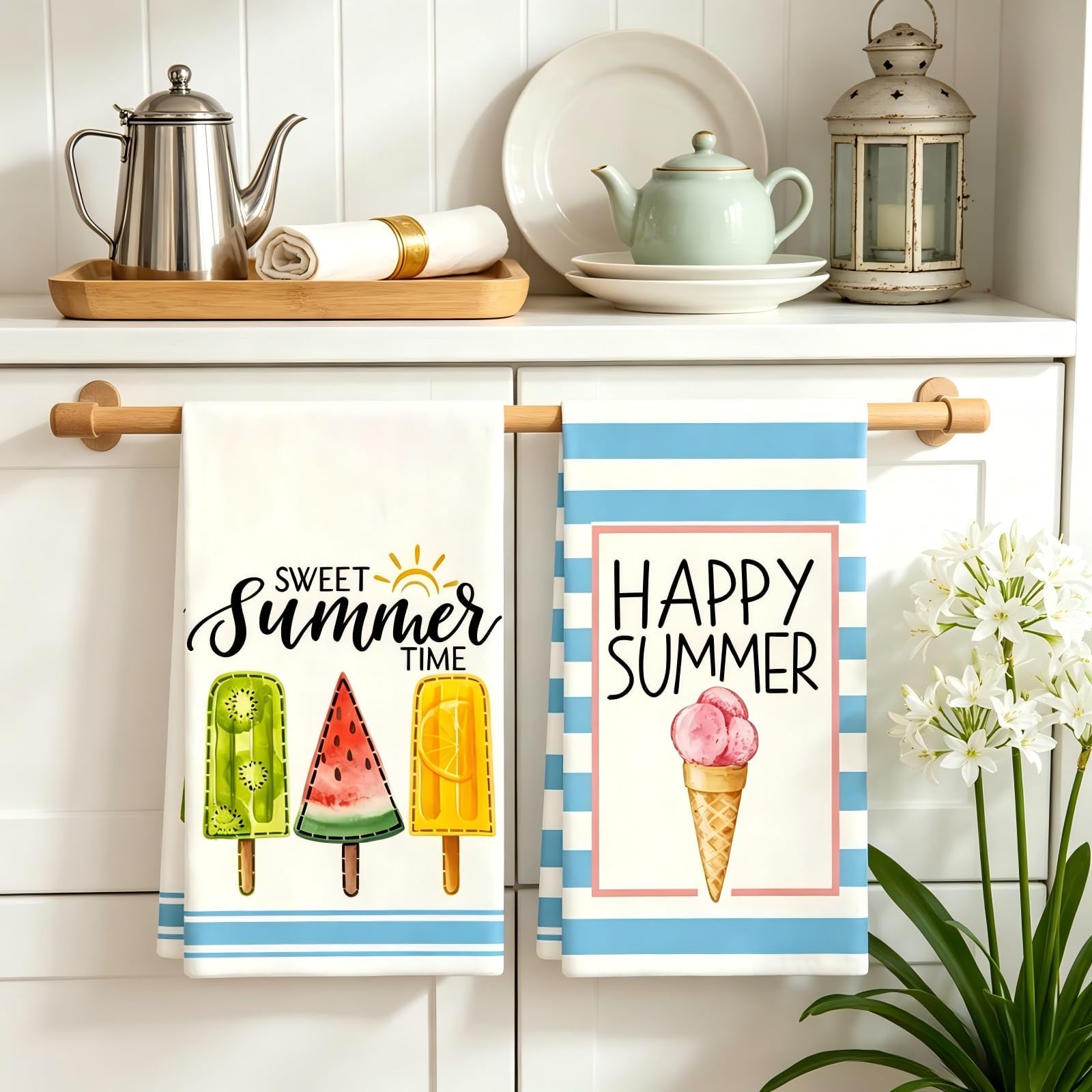 Riewy 2 Pack Absorbent Tea Towels, 40 x 60 cm 100% Microfibre Dish Cloth Towel in Sweet Summer Time Blue White Striped Prints