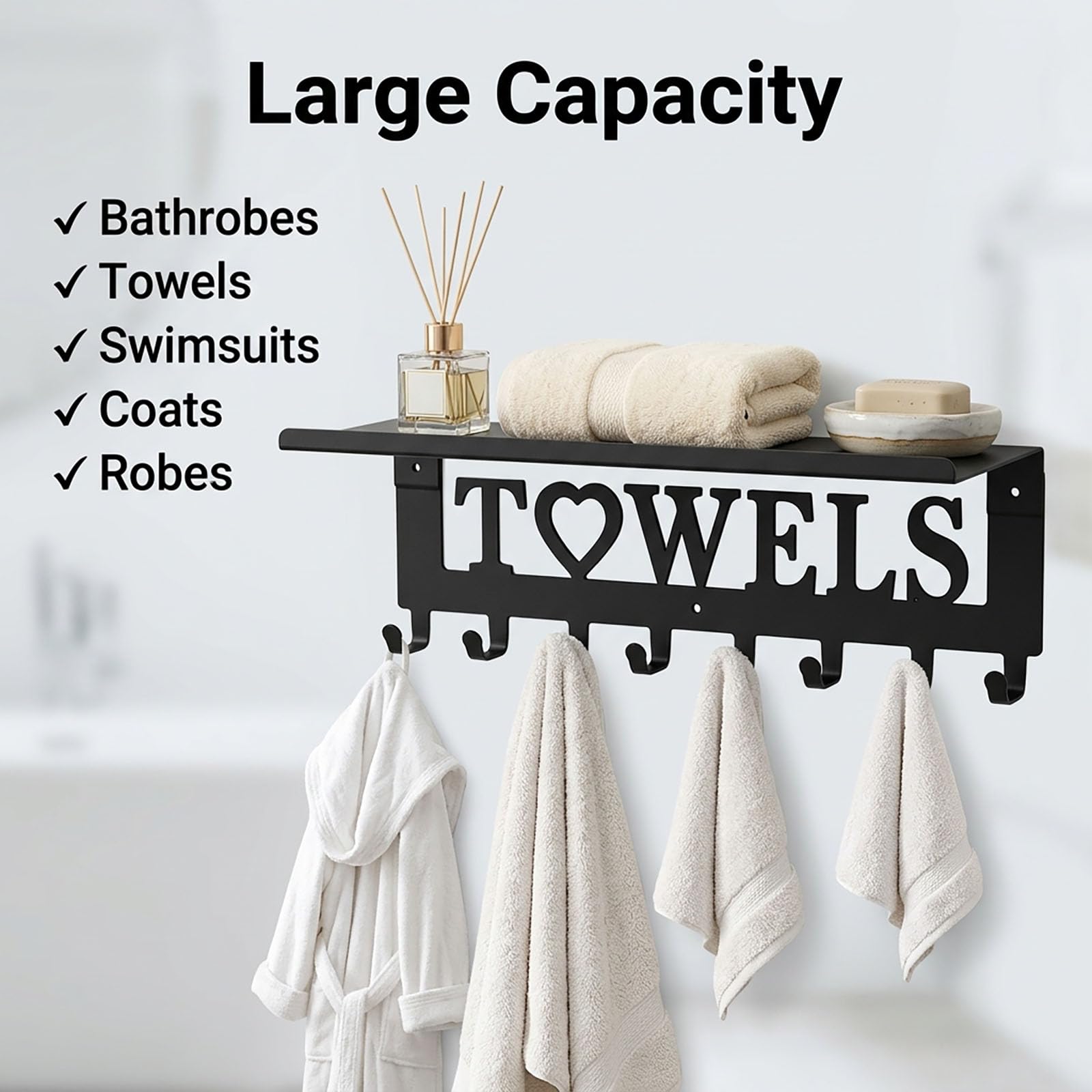 Raoletin Metal Hot Tub Towel Rack Wall Mounted Towel Holder with Shelf and 8 Towels Hooks for Bathrooms