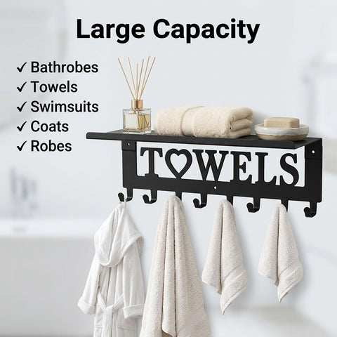 Raoletin Metal Hot Tub Towel Rack Wall Mounted Towel Holder with Shelf and 8 Towels Hooks for Bathrooms