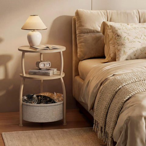 Yuede Side Table with Fabric Basket, Round End Table, 3 Tier Bedside Table, Coffee Table for Living Room, Bed Room, Modern, 40 x 61 cm, Ork Gray