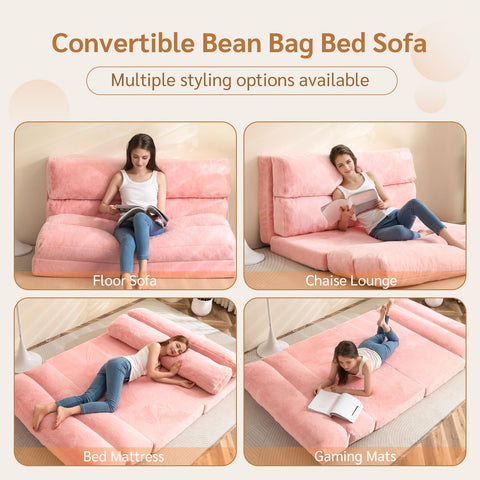 MAXYOYO Bean Bag Bed Folding Sofa Bed Floor Mattress for Adults, Extra Thick 6 Fold Floor Sofa Floor Couch for Bedroom Living Room, Pink, 75x240 cm