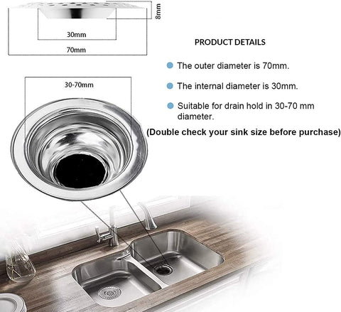 VONRUSS-UK Stainless Steel 2Pcs Kitchen Sink Strainer Plug Standard Dual Function Basket Strainer Drain Protector Sink Waste Stopper Hole Hair