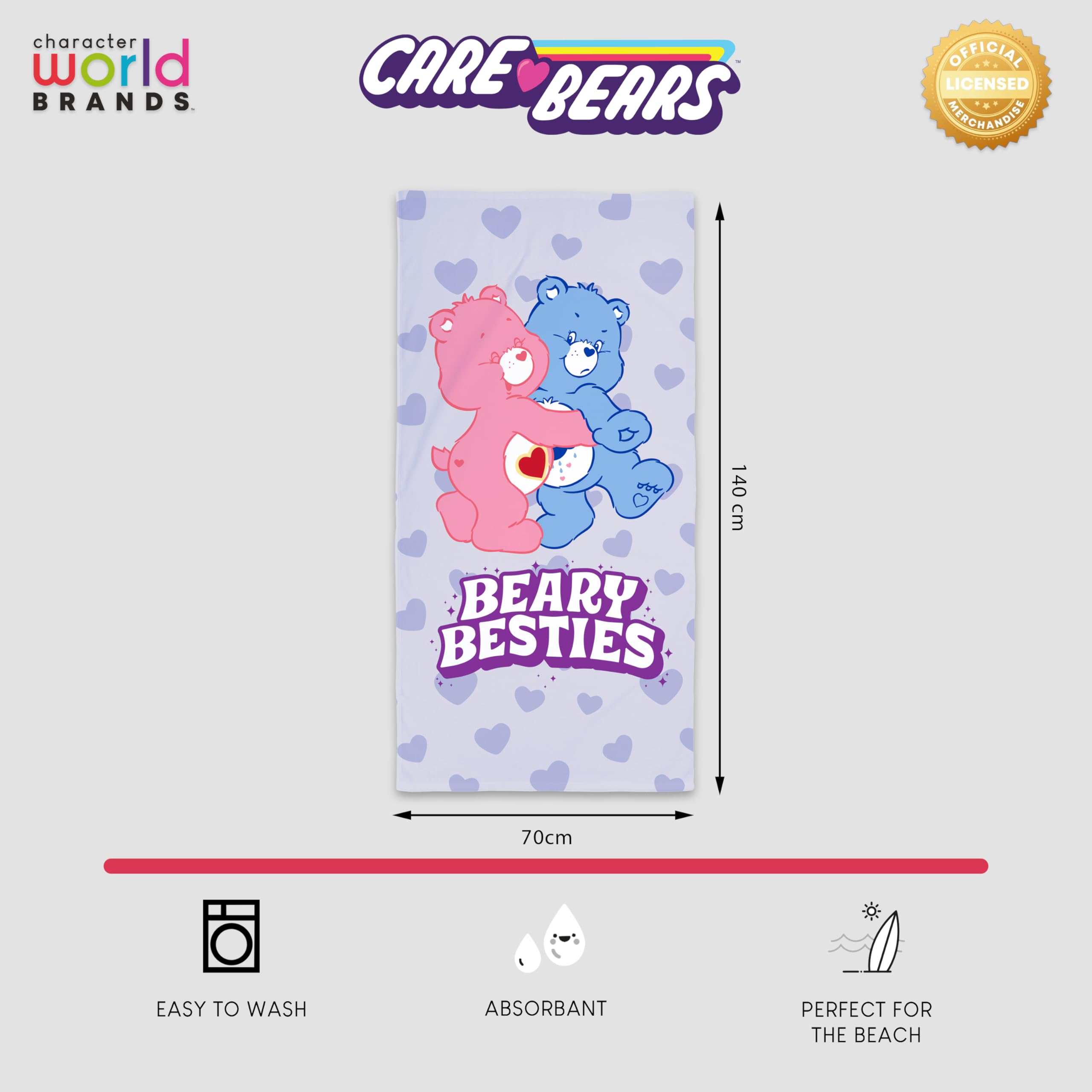 Character World Care Bears Officially Licenced Kids Towel | Super Soft Feel | Besties Design Featuring Cheer and Grumpy Bear | Perfect The Home, Bath